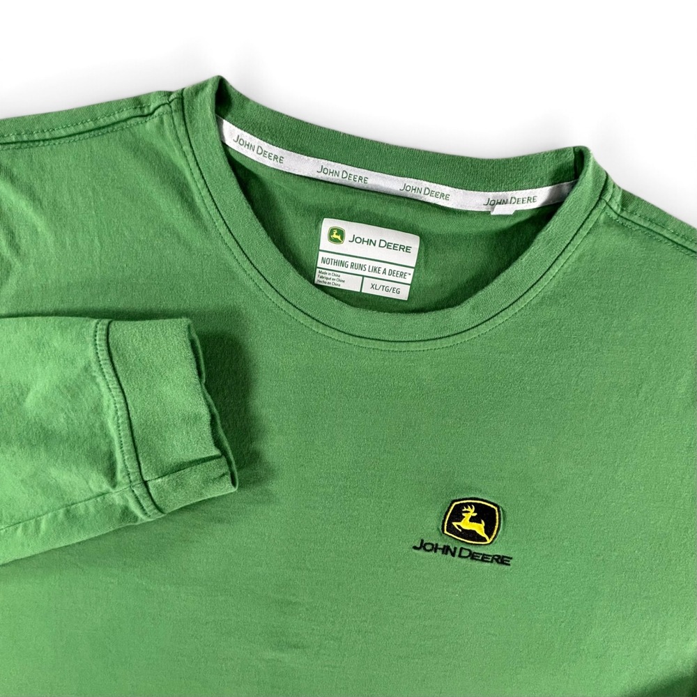 John Deere T Shirt Mens XL Green Long Sleeve Embroidered Logo 100% Cotton Farm
